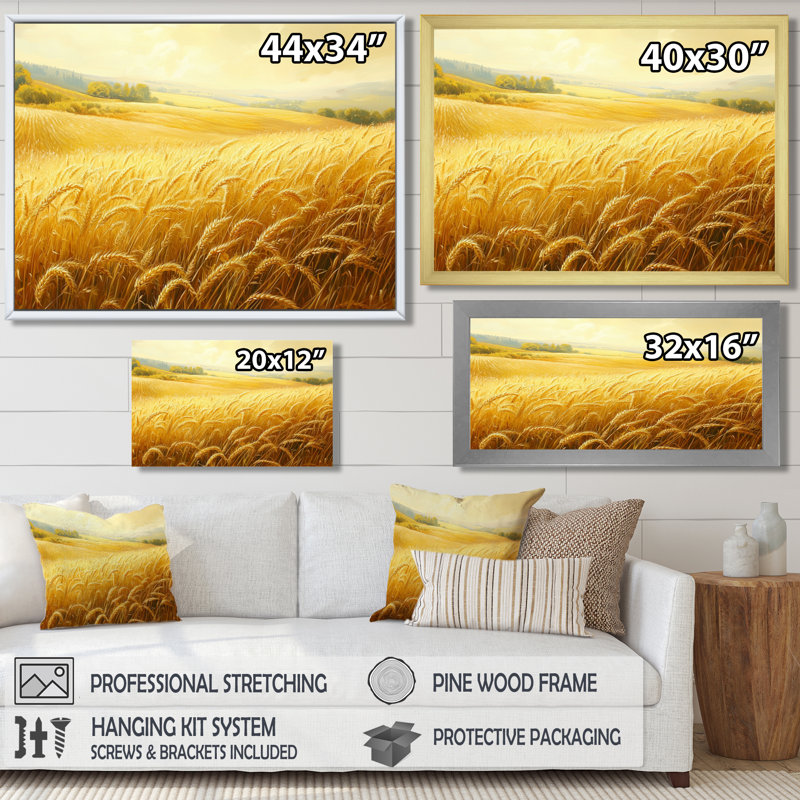 «Countryside Golden Fields In Summer Light II», art mural campagne, H 30 po x l 40 po, Cadre flottant, Blanc