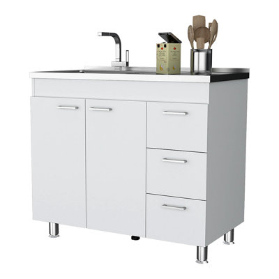 Armoire en mélamine Darien, trois tiroirs et plateau en acier inoxydable.