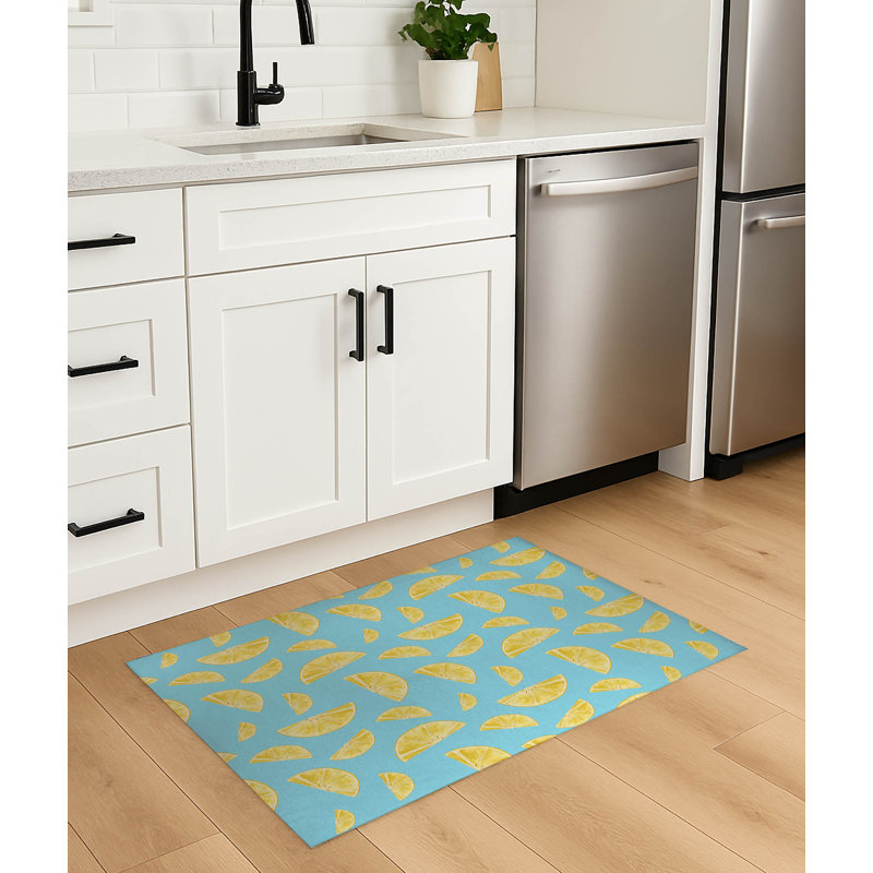 Tapis de cuisine antidérapant Summer Lemon, Turquoise, Rectangle 5 pi x 7 pi