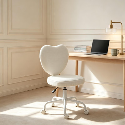 Chaise de bureau en forme de cœur mauve en lin mauve, chaise de bureau à roulettes pivotante à 360 ° à hauteur ajustable avec roues pour chambre d'enfant, meuble-lavabo et bureau compact