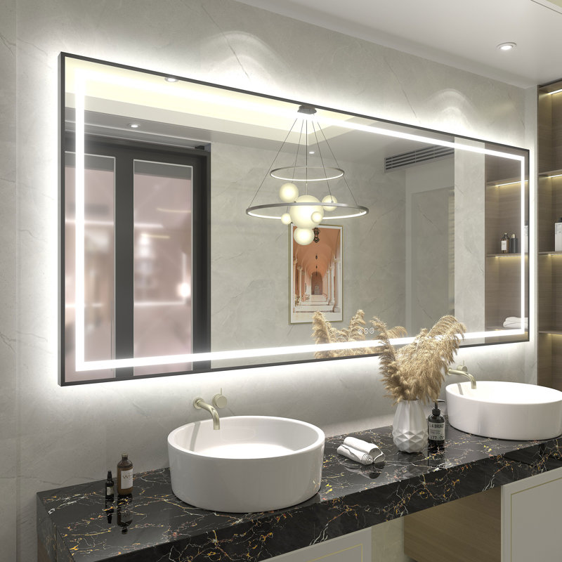Miroir de salle de bain / meuble-lavabo à cadre en verre trempé à DEL certifié anti-buée Wayfair Basics®, 88 po x 38 po