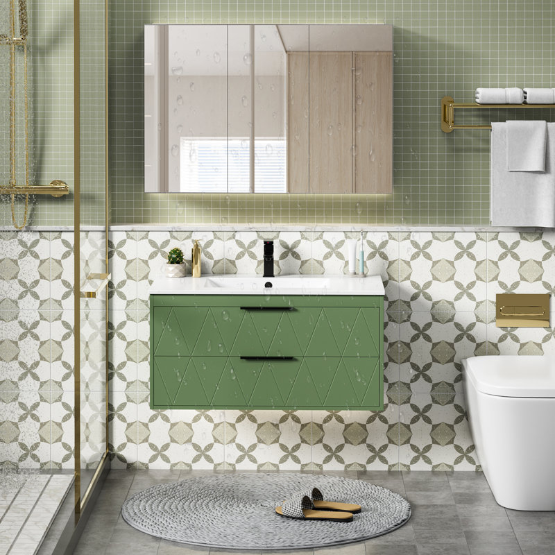 Ciarra Makowski 36'' Wall Mounted Floating Bathroom Vanity Set with Sink Top, Zinc Alloy Faucet, Soft-close Drawers, Green