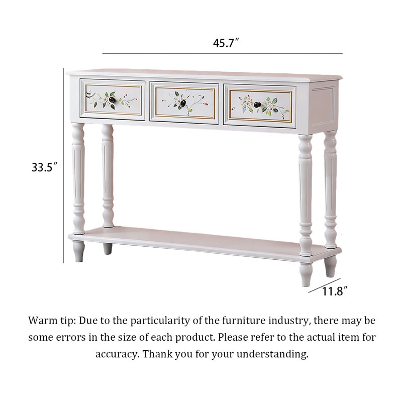 Table console en bois massif Shabby Chic, H 33,5 po x l 45,7 po x P 11,8 po, Blanc, Blanc, Blanc
