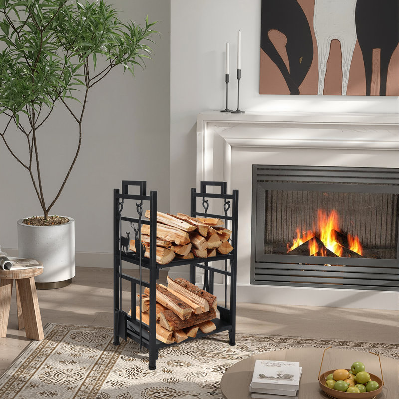 Double-Layer Metal Firewood Rack with Tools, Black