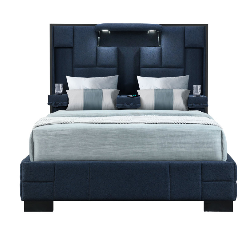 Grand lit contemporain bleu marine de 70,25 po Large, installation en bois d'hévéa, système intégré