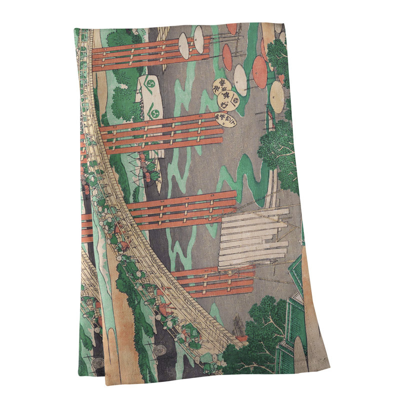 Serviette de thé japonaise bridge, Polyester sergé, Vert / Orange