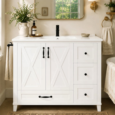 Meuble-lavabo blanc 36 po avec lavabo, armoire de salle de bain autoportante avec comptoir en céramique, portes en X, 4 tiroirs de rangement, tablettes de porte, tablette réglable, barre à serviettes réversible