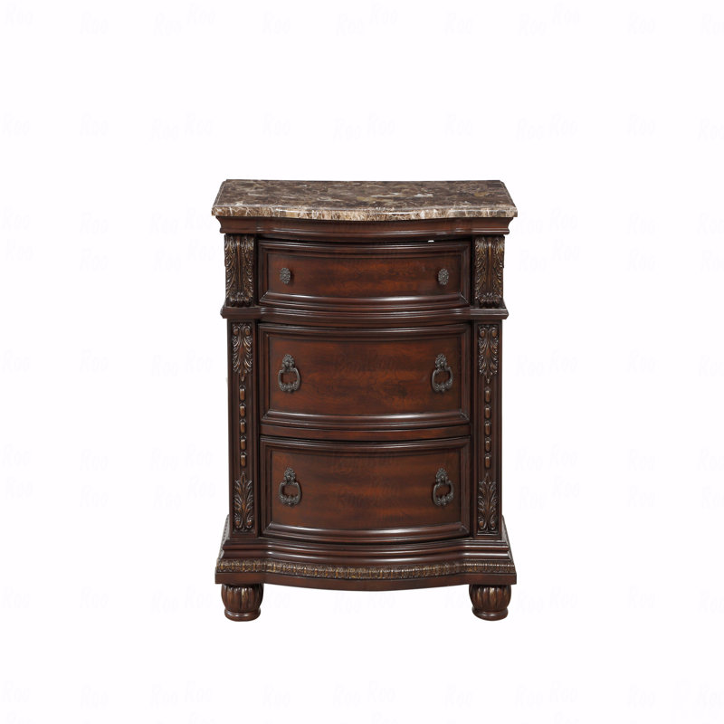 Dark Cherry Finish With Gold Tipping European Design 1Pc Nightstand With Genuine Marble Top Traditional Bedroom Furniture 3-Drawers