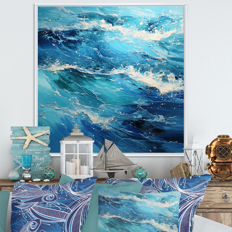 Teal White Ocean Serenade Pointillism II - Nautical & Beach Canvas Print, H 30 po x l 30 po x P 1 po, Cadre flottant blanc