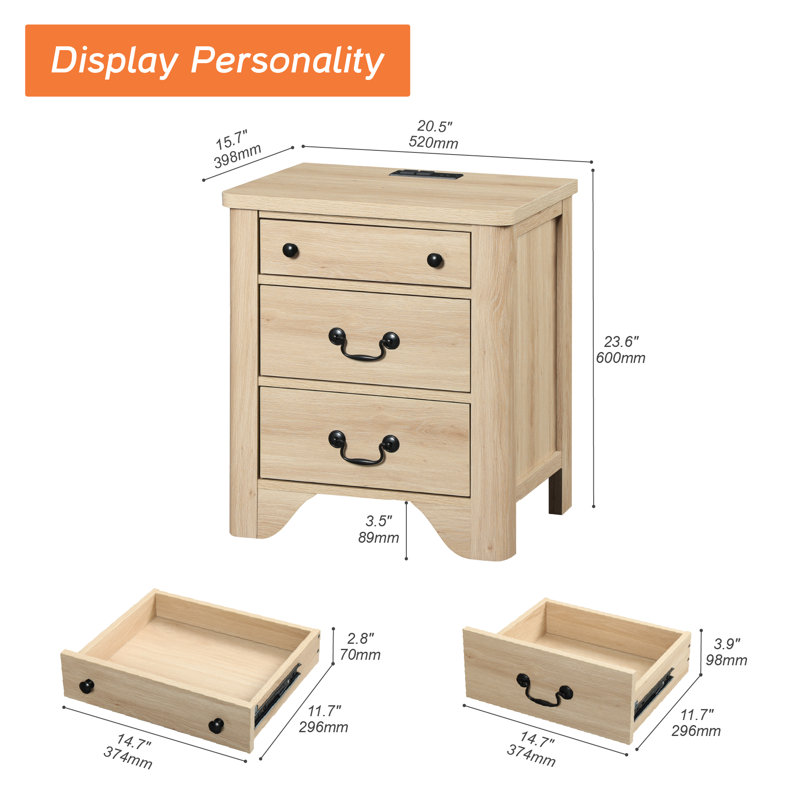 Haikey 3-Drawer Nightstand with Built-In Electrical Outlet, Oak