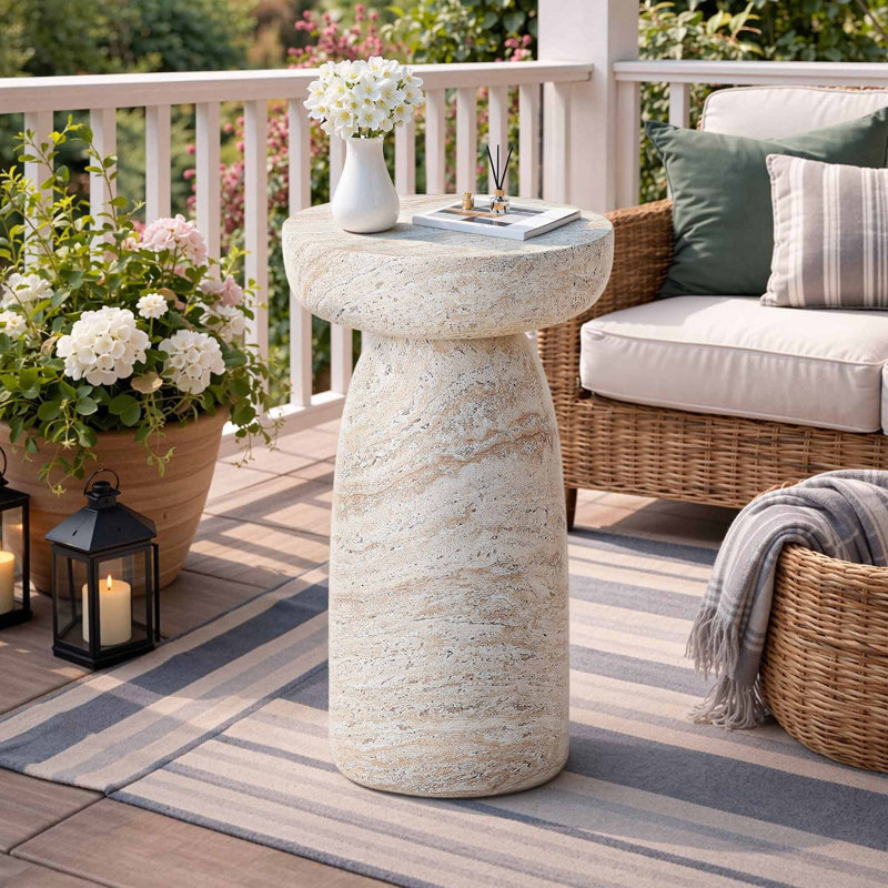 Grande table d'appoint à piédestal géométrique 28 po pour bord de piscine, balcon, salon, travertin, Beige