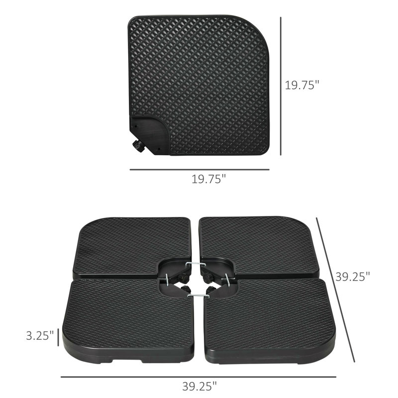 La base de parasol Hdpe en matériau de sable pèse jusqu'à 175 lb. Pour toute base de parasol décalée | 4 pièces, rempli d'eau ou de sable, toutes saisons, noir (carré)