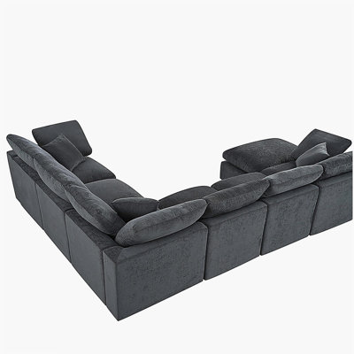 U_Style 124.8" Extra Large 7-Seater Modular Sectional Sofa with L-Shape Design & Movable Ottoman, Plush Chenille Fabric + Solid Pine Wood Frame for Living Room, Office, Spacious Space