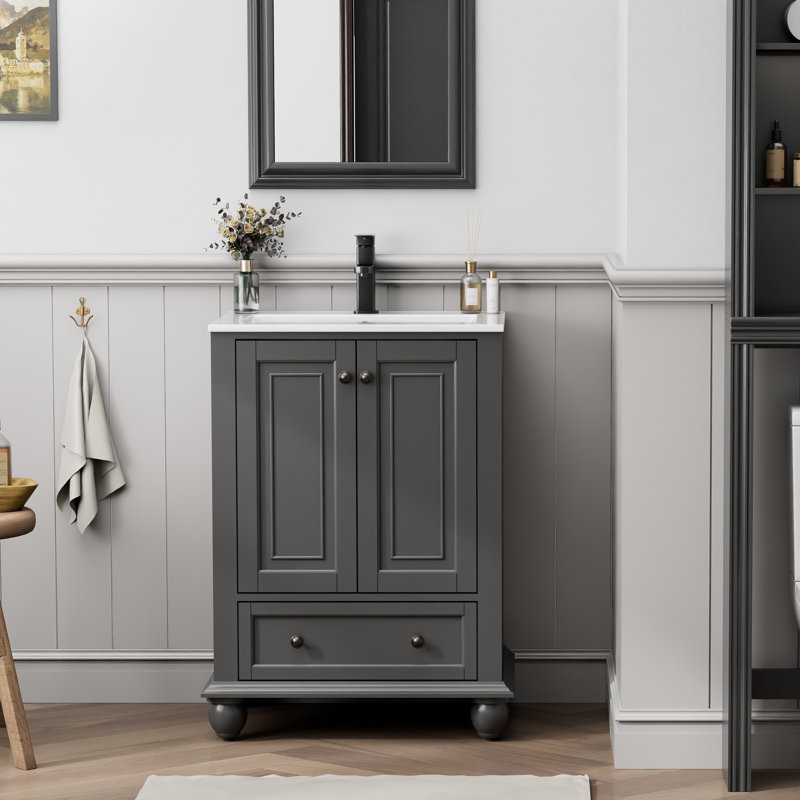 Ameetha 24" Vintage Single Bathroom Vanity with Ceramic Sink Top, Faucet, Distressed Hand Paint, Gray