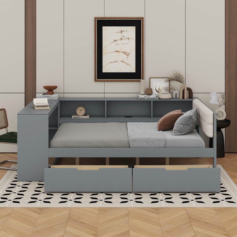 Lit plateforme double avec tablettes, tiroirs, station de charge et tête de lit tapissier, Lit double, Gris