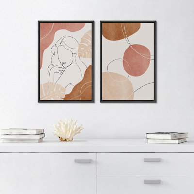 Bohemian " Line Art Woman With Tropical Monstera Leaves Abstract Shapes Modern Boho Nature Colorful Chic " 2 - Pieces
