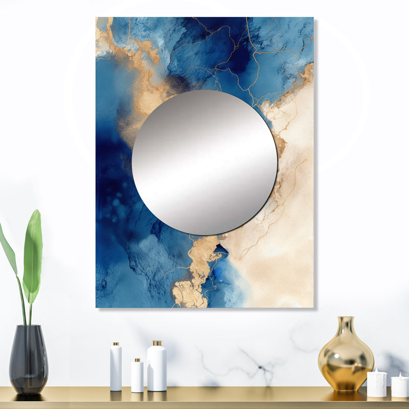 Mikhai Blue and Gold Marble Clouds VII - Fractals Unique Wall Mirror, Modern Mirror, Printed Metal Art, 32" x 24"