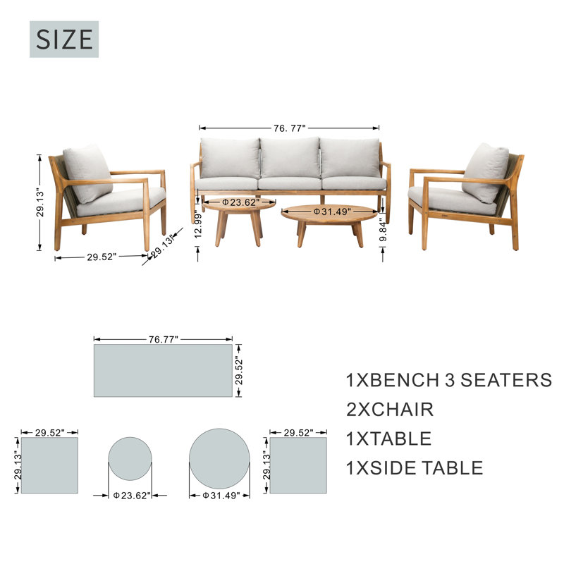 Ensemble de conversation d'extérieur en bois d'acacia avec coussins 5 pièces Thane