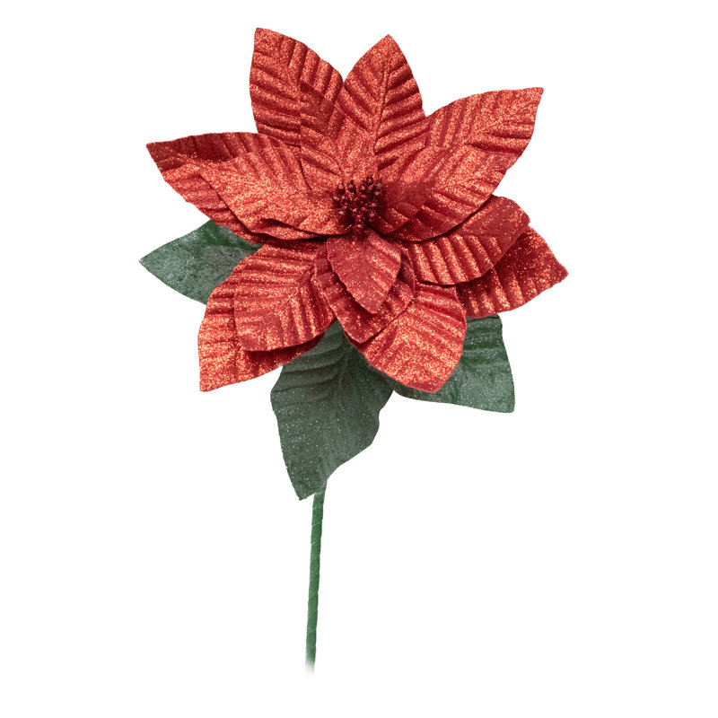 Poinsettia scintillant 33,5 po avec feuilles rouge, Rouge, Rouge