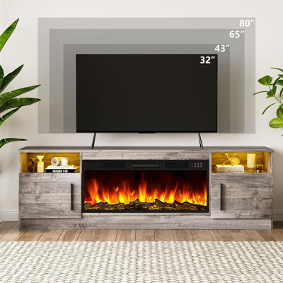 Meuble télé avec foyer pour foyer avec foyer de 36 po, meuble télé en bois de 70 po pour téléviseur de 75 po et moins, console média avec armoire de rangement ultrabrillante et 16 lumières DEL de couleur