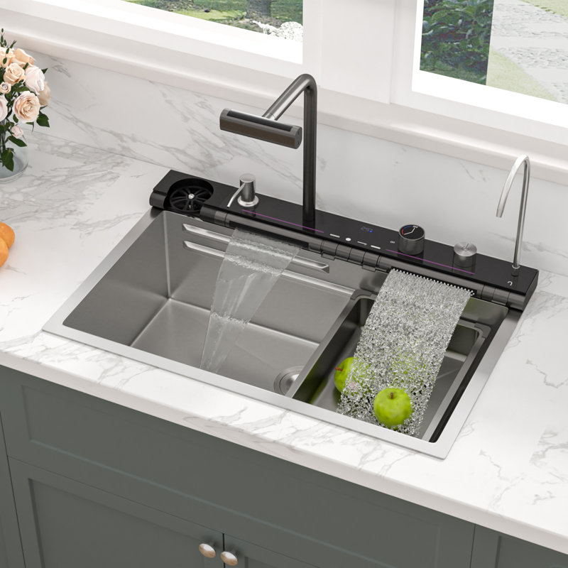 30" L x 19" W Workstation Drop-In Waterfall Kitchen Sink Stainless Steel 16 Gauge Multifunction Single Bowl Kitchen Sink with Faucet Combo