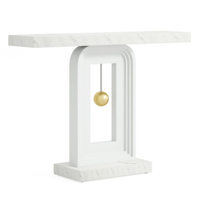 Modern Console Table With Geometric Base, 40 Inch Narrow Sofa Entryway Table With Gold Decor, Contemporary Wood Accent Table For Living Room Entryway
