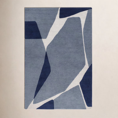 Light Blue Navy Hand-Tufted Abstract Wool Rug