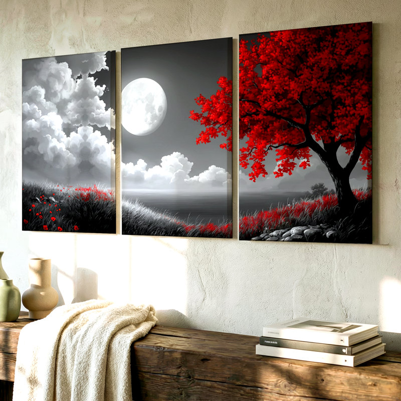 Art mural captivant de 3 pièces comprenant un arbre rouge et un paysage au clair de lune, trois pièces d'art mural pour le salon, la chambre à coucher, le bureau et la décoration intérieure