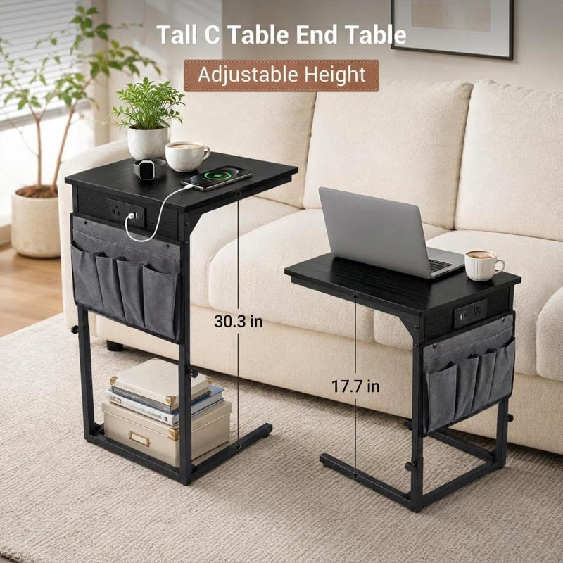 Table d'appoint en forme de C avec station de recharge, table de chevet pour canapé - Organisateur suspendu, petite table d'appoint mince pour salon et coin lecture