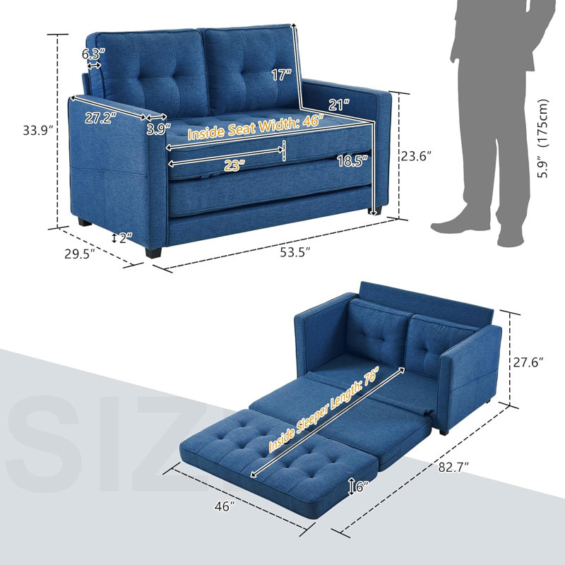 Canapé-lit en tissu d'ameublement de 53,54 po Hearco, Tissu bleu