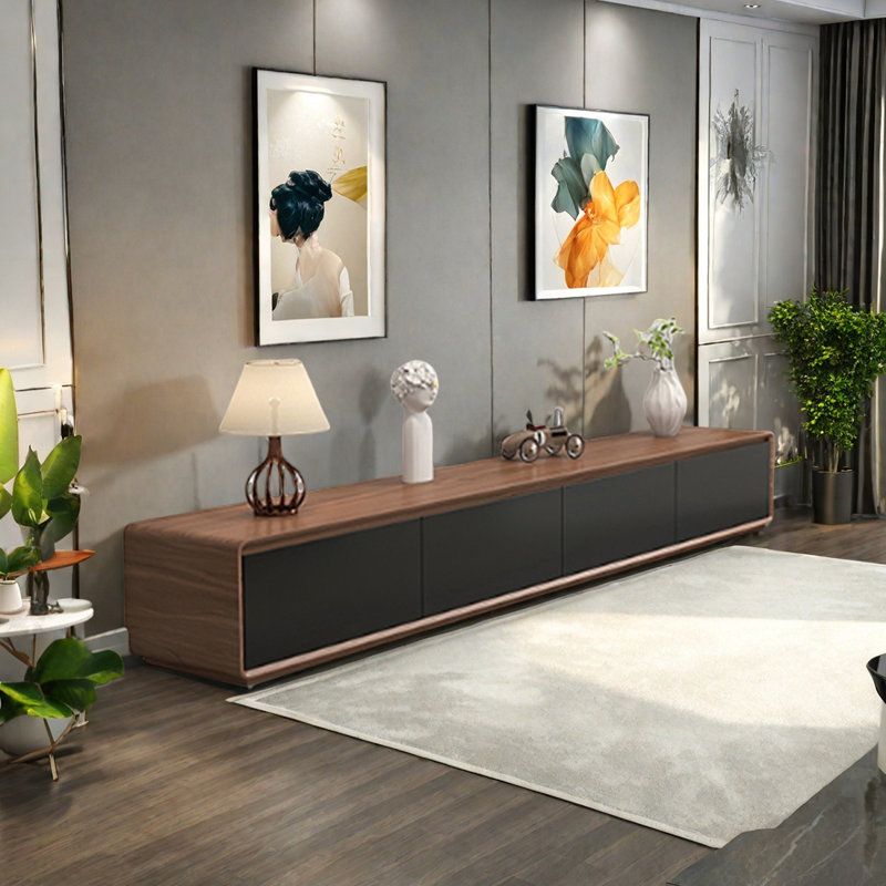 Meuble télé multi-tiroirs avec base pleine, H 9,84 po x L 86,61 po x l 15,74 po, Noir / brun clair
