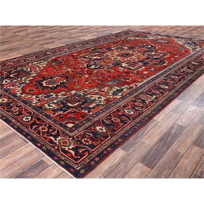 Tapis oriental rouge 8 pi 2 po x 14 pi 7 po Heriz persan antique avec médaillon de fleurs, très bon état, doux et propre, long et étroit, noué à la main, 100% laine, tapis oriental