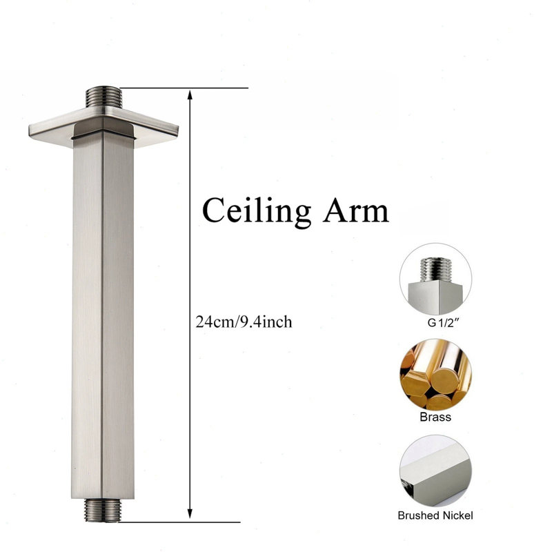 Ensemble de robinetterie de douche en nickel brossé, montage au plafond, pommeau de douche effet pluie DEL de 40 cm (16 po) avec mitigeur.