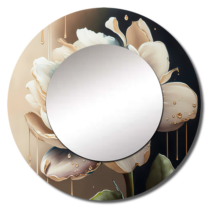 Olatunji crème blanc fleuri - miroir mural floral unique, grand miroir rond blanc, impression d'art en métal, 23 po x 23 po