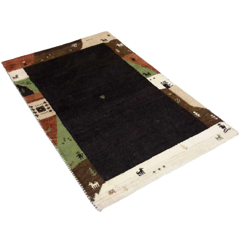 Tapis noir / brun / vert en coton / laine fait à la main 3 pi x 5 pi Ovedia