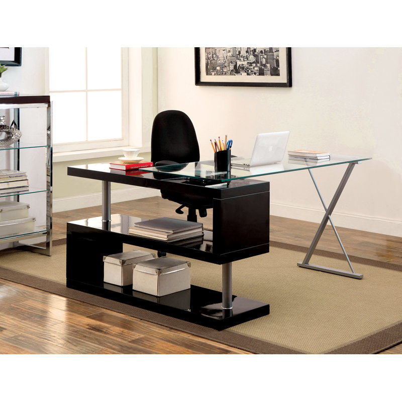 Folden L-Shaped Glass Top Computer Desk, Black