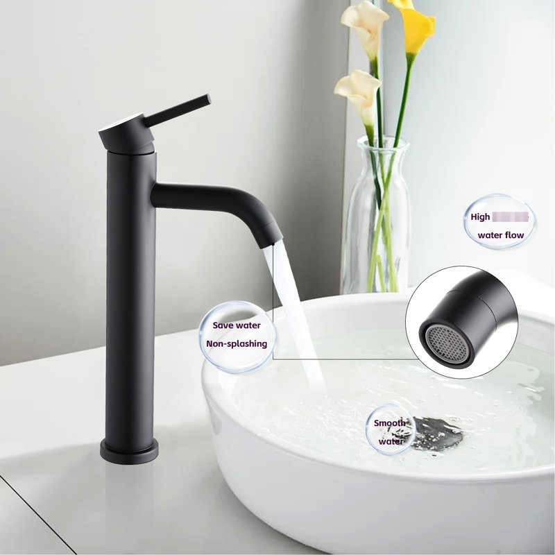 Modern Tall Bathroom Sink Faucet - 1 Hole, Matte Black, Smooth Surface Hole Stainless Steel, Stylish Design, Matte Black