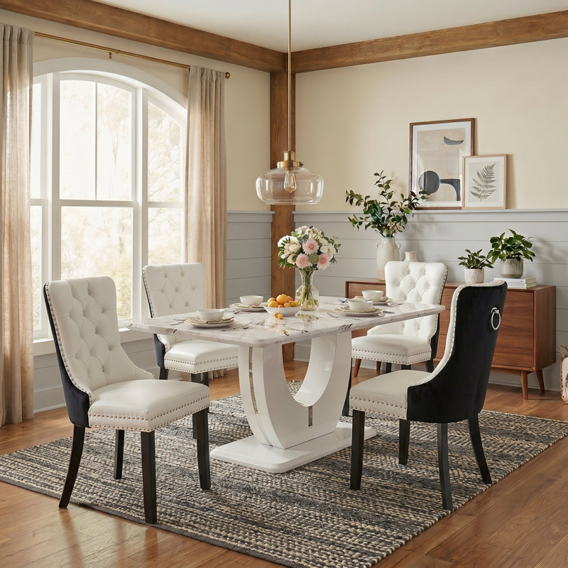 5-pieces 63" Rectangular U-Base Dining Table Set with Upholstery Tufted Chairs, White, Black/White