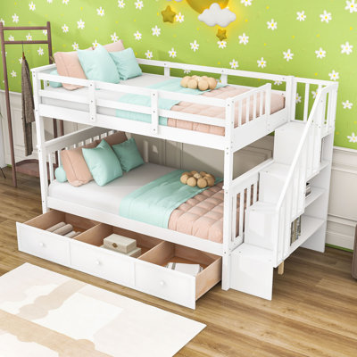 3 Drawers Twin Over Twin Bunk Bed with Shelves, Staircase and Guardrails