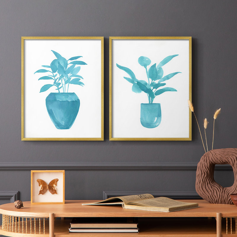 Impression encadrée V-Premium Watercolor House Plant - prête à être accrochée - aucun clou requis - aucun clou requis, Doré