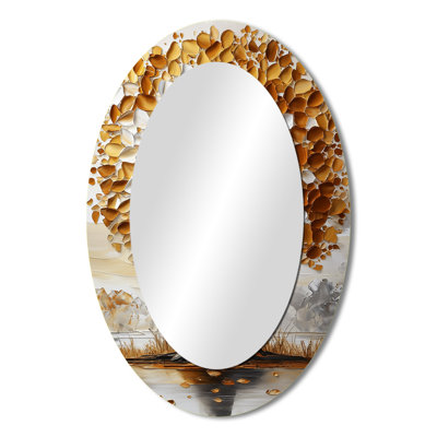 Gold And White Fauvist Basswood Tree II - Floral Oval Decorative Mirror On Metal