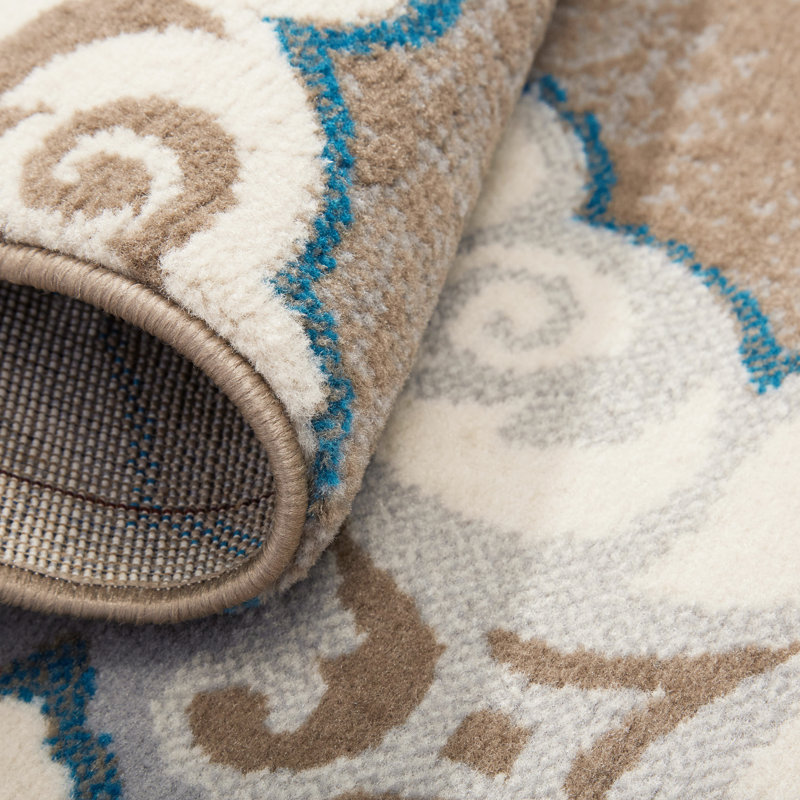 Tapis à motif géométrique bleu céruléen / taupe / ivoire Mountview, Rectangle 6 pi 6 po x 9 pi 6 po