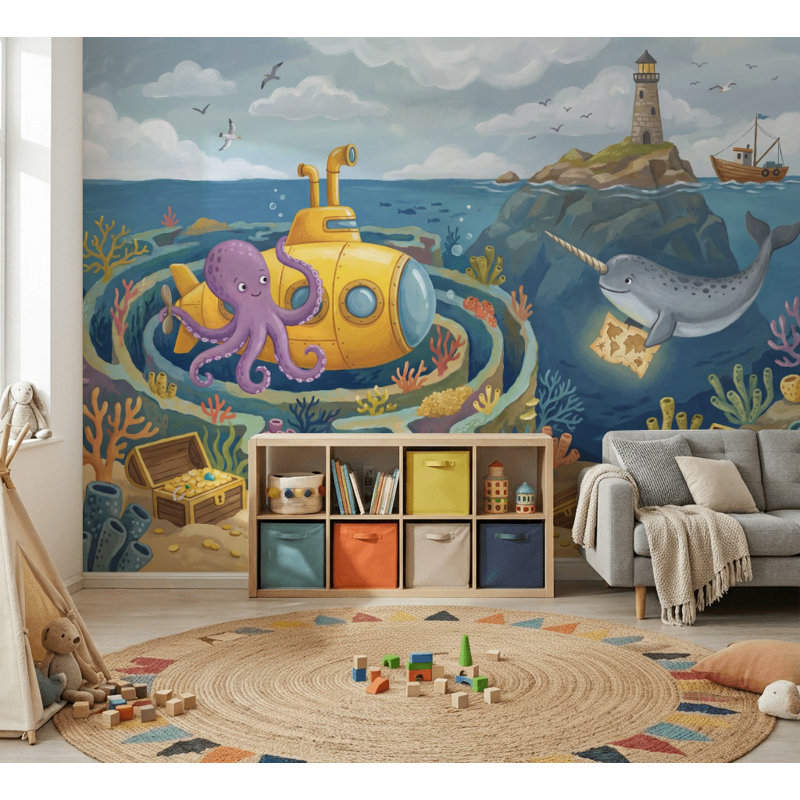 Papier peint sous-marin pieuvre sous-marine, Texturé non collé, 160 po x 108 po