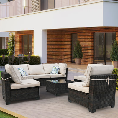 7 Piece Pe Wicker Patio Sectional Sofa Set, Weatherproof & Lightweight For Outdoor,balcony, Garden, Poolside, Includes Splashproof Cushions