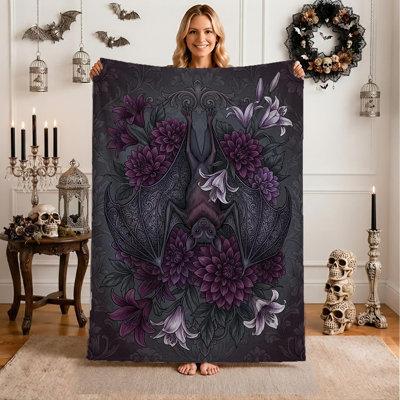 Jeté d'Halloween gothique à motif floral chauve-souris et violet, 50 x 60 po