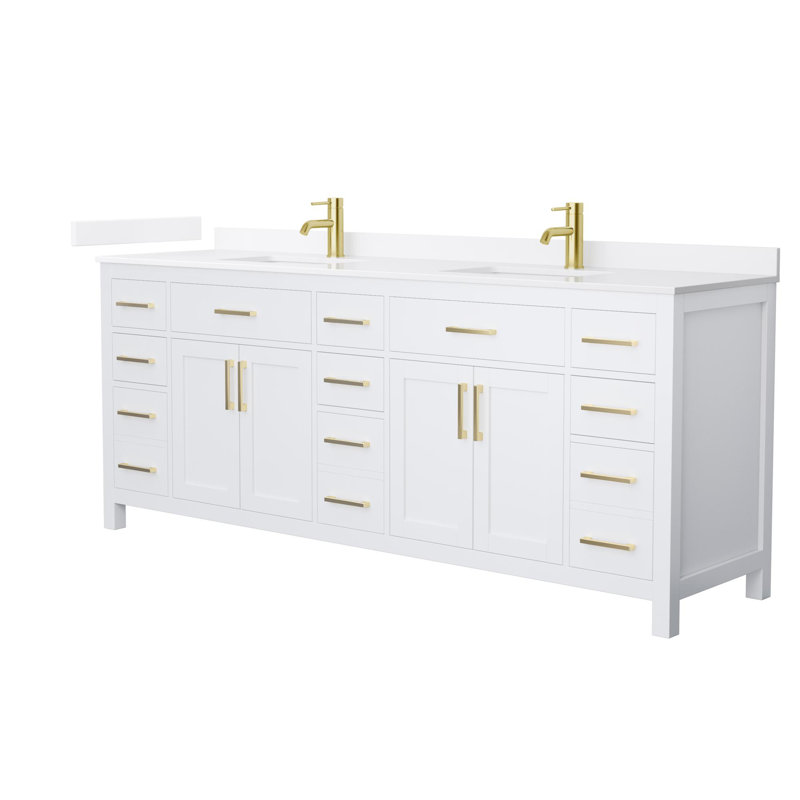 Beckett 84" Freestanding Double Bathroom Vanity with Quartz Top, White, Brushed Gold, White Quartz