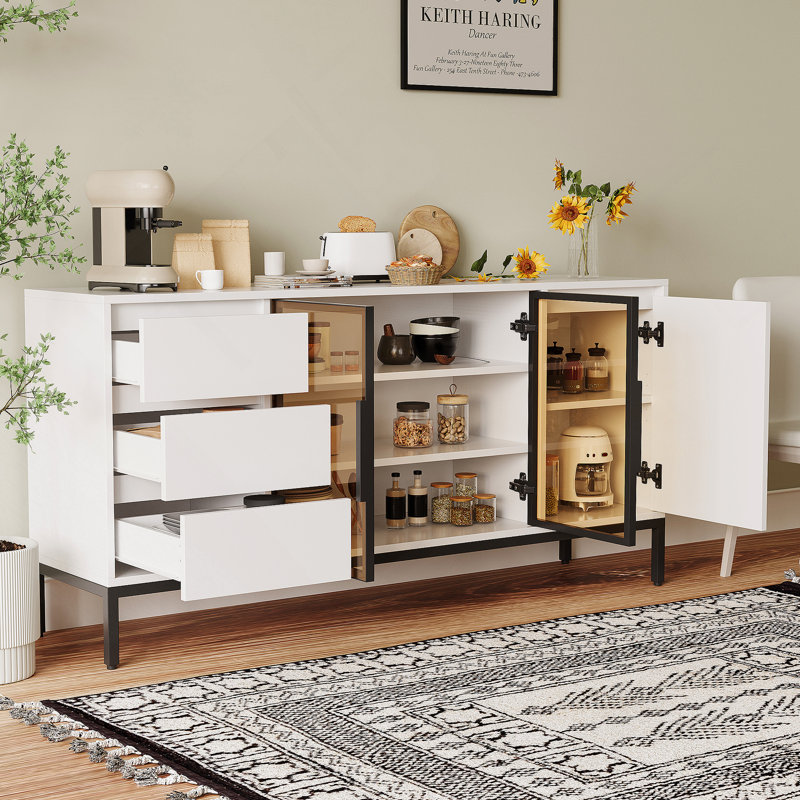 Buffet avec rangement, espace de rangement à panneau latéral de cuisine avec portes et 3 tiroirs, support de garde-manger, console