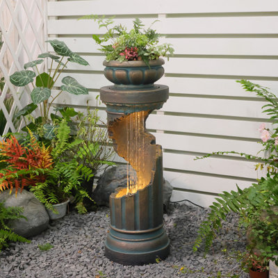Fontaine romaine à cascade avec pilier brisé avec lumières DEL et jardinière, 32,3 po de hauteur en résine pour décoration de patio