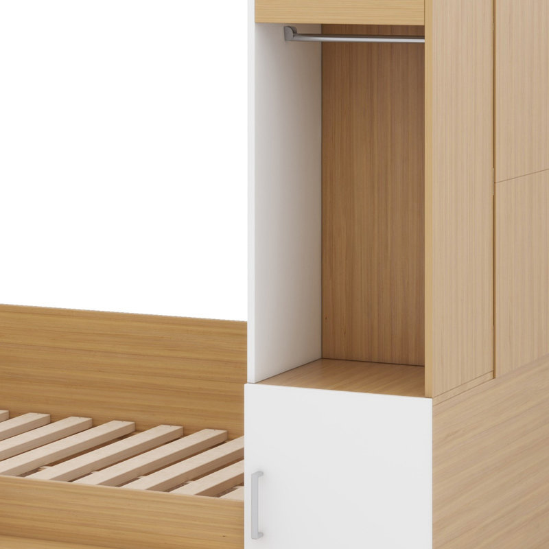 Lit plateforme en bois avec tiroirs, tablettes, bureau et garde-robe, Naturel