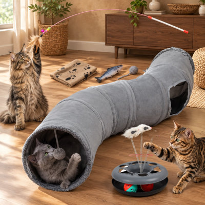 Ce tunnel bruissant d'intérieur 6 en 1 se replie pour le rangement tout en servant de tube d'enrichissement pour le jeu de cache-cache pour les chatons et de cadeau/jouet pour les chiots et les lapins.